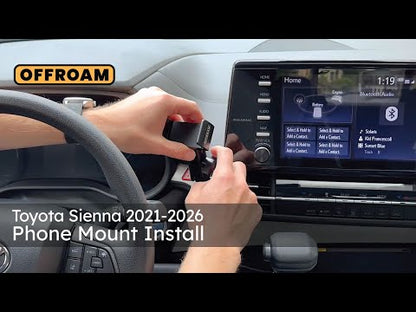 Video of Offroam Universal and MagSafe-compatible Phone Mount installation for Toyota Sienna 2021-2026. This premium phone mount installs easily without drilling or glue. Spring loaded Universal holder or MagSafe-compatible holder with high force magnets hold phone on any trail, road, or track. Perfect placement without blocking screens, driver view, or air flow. Fully adjustable positioning.