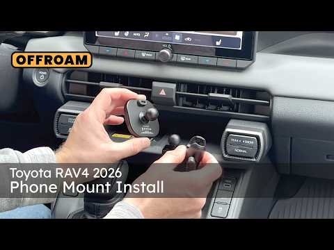 Video of Offroam Phone Mount installation for Toyota RAV4 2026, Center Console. This premium phone mount installs easily without drilling or glue. High force magnets hold phone on any trail, road, or track. Perfect placement without blocking screens, driver view, or air flow. Fully adjustable positioning.