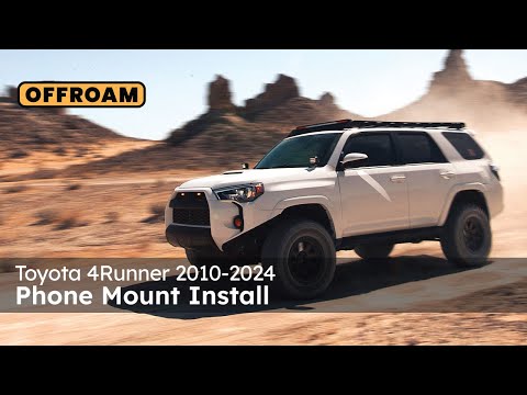 Video of Offroam Phone Mount installation for Toyota 4Runner 2010-2024. This premium phone mount installs easily without drilling or glue. Spring loaded Universal holder for use with any phone. Perfect placement without blocking screens, driver view, or air flow. Fully adjustable positioning.
