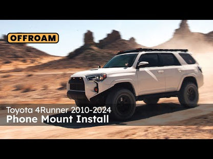 Video of Offroam Phone Mount installation for Toyota 4Runner 2010-2024. This premium phone mount installs easily without drilling or glue. Spring loaded Universal holder for use with any phone. Perfect placement without blocking screens, driver view, or air flow. Fully adjustable positioning.
